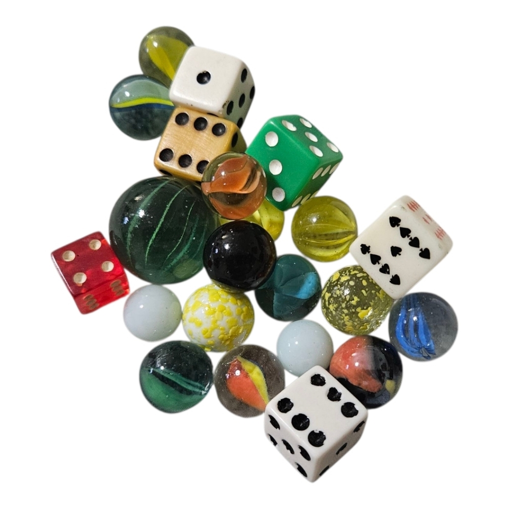 Mixed Lot Of Marbles And Dice Assorted Colors, Sizes And Styles